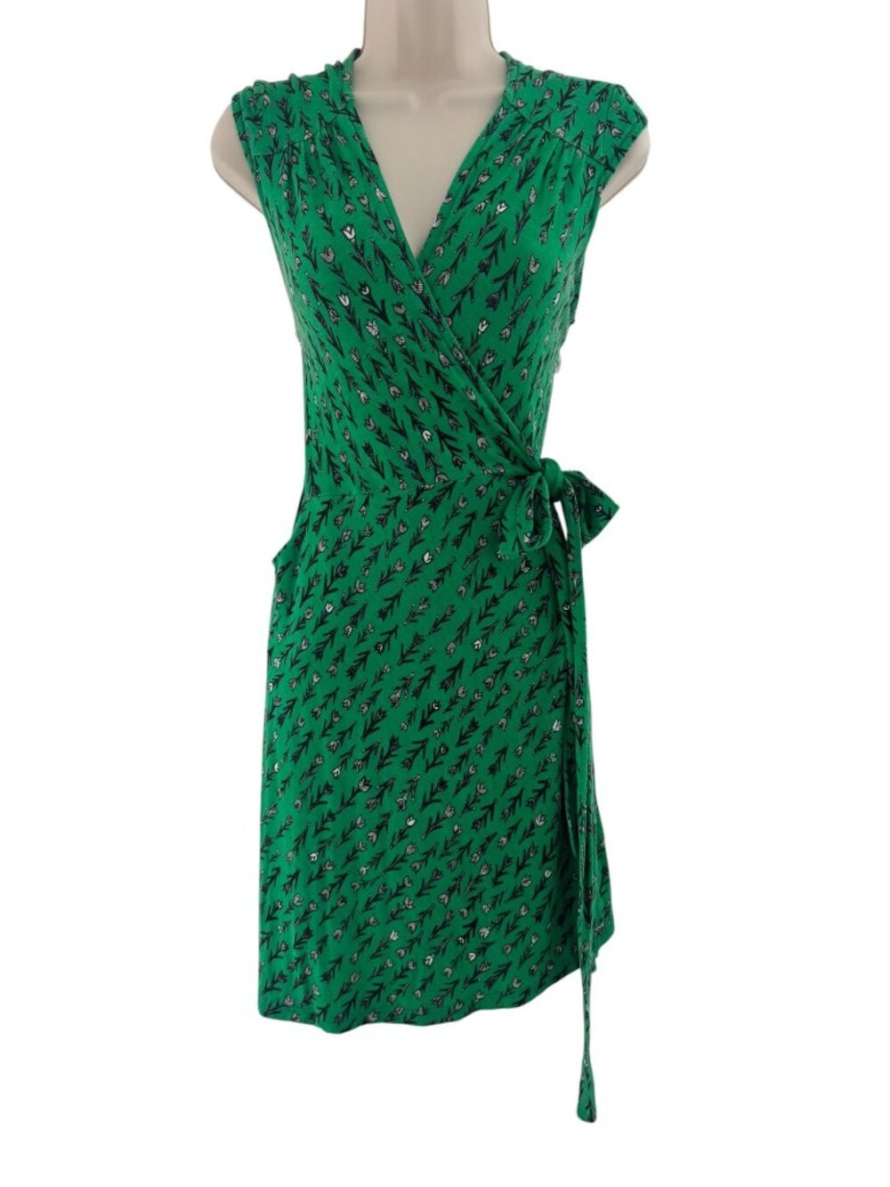 Melissa Bell Green Floral Print Sleeveless Wrap Dress Pocket Size S P Summer